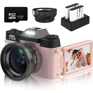Digital Cameras for Photography, 4K 48MP Vlogging Camera 16X Digital Zoom Manual Focus Students Compact Camera with 52mm Wide-Angle Lens & Macro Lens, 32G  Card and 2  ()