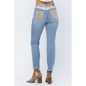 Judy Blue High Waist Cheetah Camo Slim Fit Jeans 88380, All Seasons Fitted Above the Ankle Bottom with 94% Cotton 5% Polyester 1% Spandex