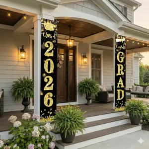 2026 Graduation Black Gold Glitter Porch Banners - "Class of 2026" & "Congrats GRAD" Outdoor Welcome Signs, with Graduation Cap & Diploma Design, Weather-Resistant & Reusable for High School College Graduation Party Decorations