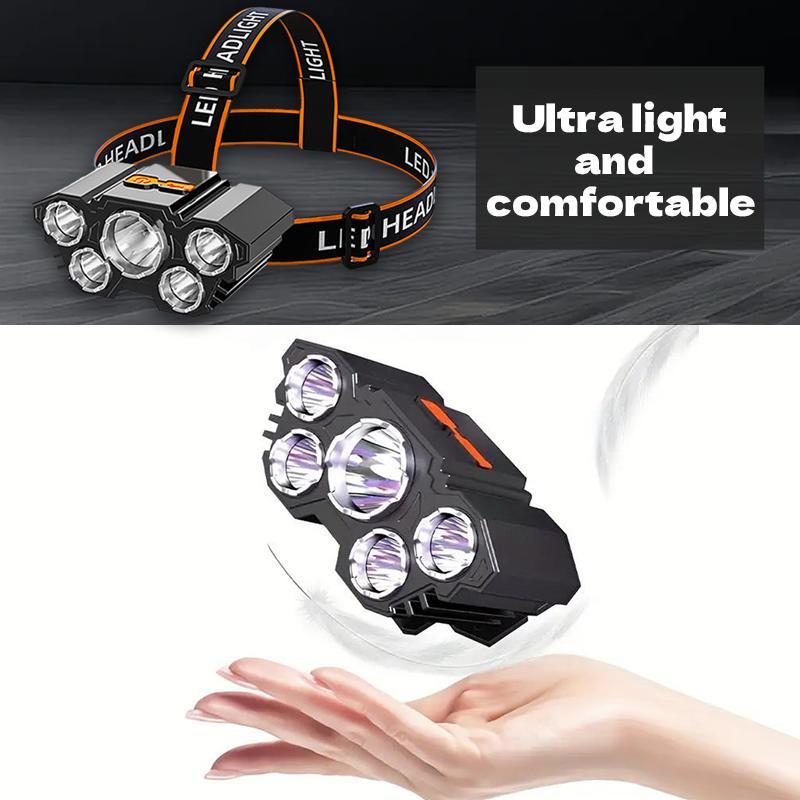 2 USB-Rechargeable Waterproof 5-LED Headlamps, 18000-Lumen Adjustable Lighting, Ideal for Night Hiking & Car Maintenance, Home Supplies Father's Day Gifts with ABS Build