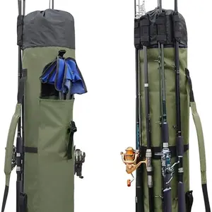 Durable Canvas Fishing Rod and Reel Storage Bag Travel Handbag, Holds 5 Rods and Fishing Gear, Ideal for Outdoor Adventures
