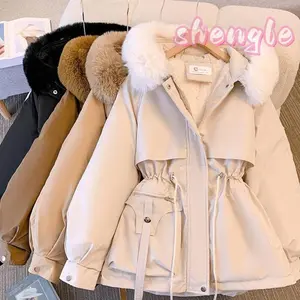 Faux Fur Mid-Length Hooded DrawstringParka, Winter Warm Thickened Ladies PufferJackets,Fleece Lined Winter Coat for Women