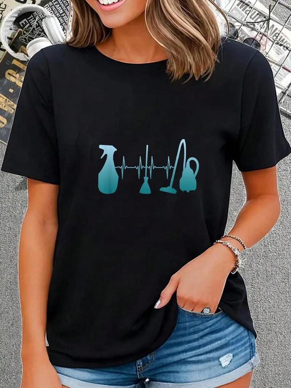 100% Cotton Housekeeper Heartbeat Housekeeping Cleaning Cleaner Graphic T-Shirt Short Sleeve T-Shirt Women's Men's Graphic Tee Causal Tops