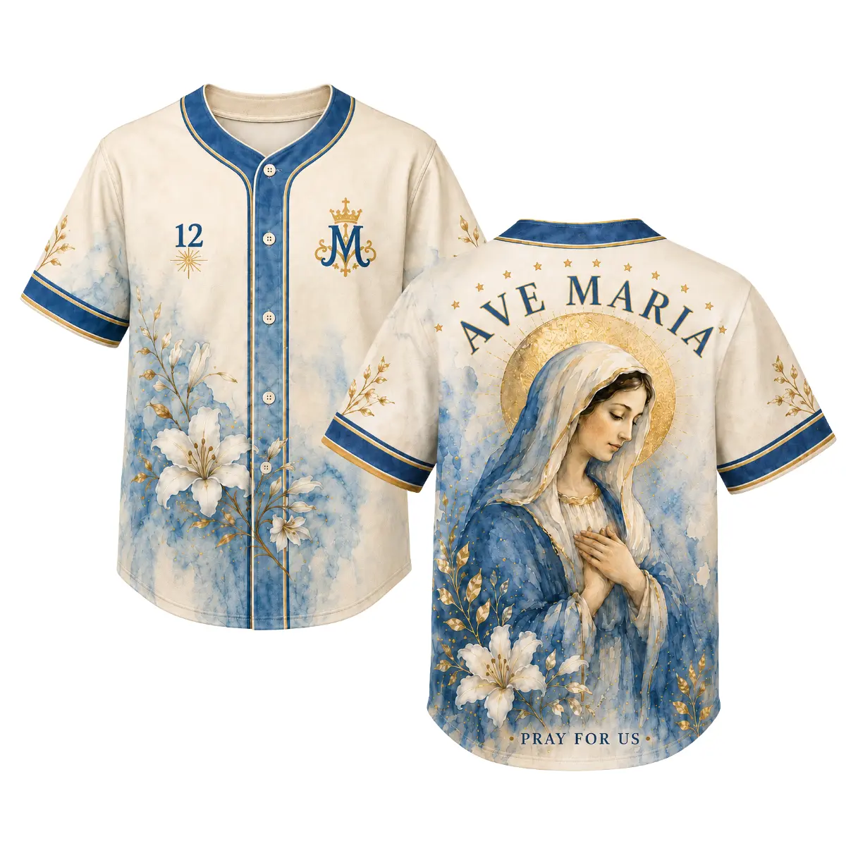 Ave Maria Catholic Baseball Jersey, Virgin Mary Pray for Us Watercolor Lily Shirt, Unisex Christian Faith Apparel
