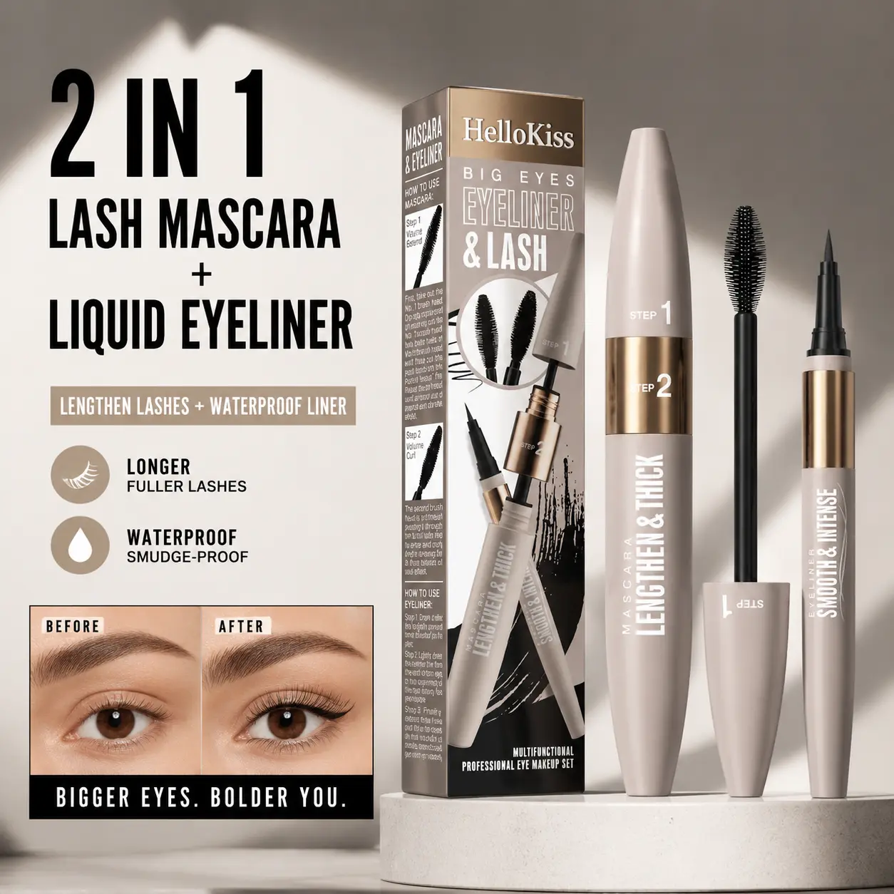 Ultimate Eye Make-Up Set: Waterproof Mascara & Liquid Eyeliner Duo - 24H Volumizing, Lengthening & Smudge-Proof Lashes + 24H Long-Lasting Perfect Wing Liner | Easy Glide, Lightweight & Ultra-Creamy| Volumizing & Lengthening volume length