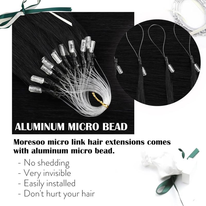 MORESOO Microbead Extensions Microlink Hair Extensions Micro Loop Natural Straight Human Hair Invisibead Extensions Micro Ring 56G 14-24inch Glueless Black Human Hair Extensions