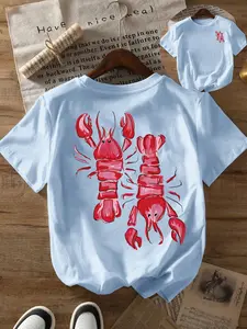 Y2K Women's Double Lobster Print T-Shirt, Short Sleeve Crew Neck, Loose-Fit Casual Top, Summer Fashion, Sweet Cool Sexy Vibe