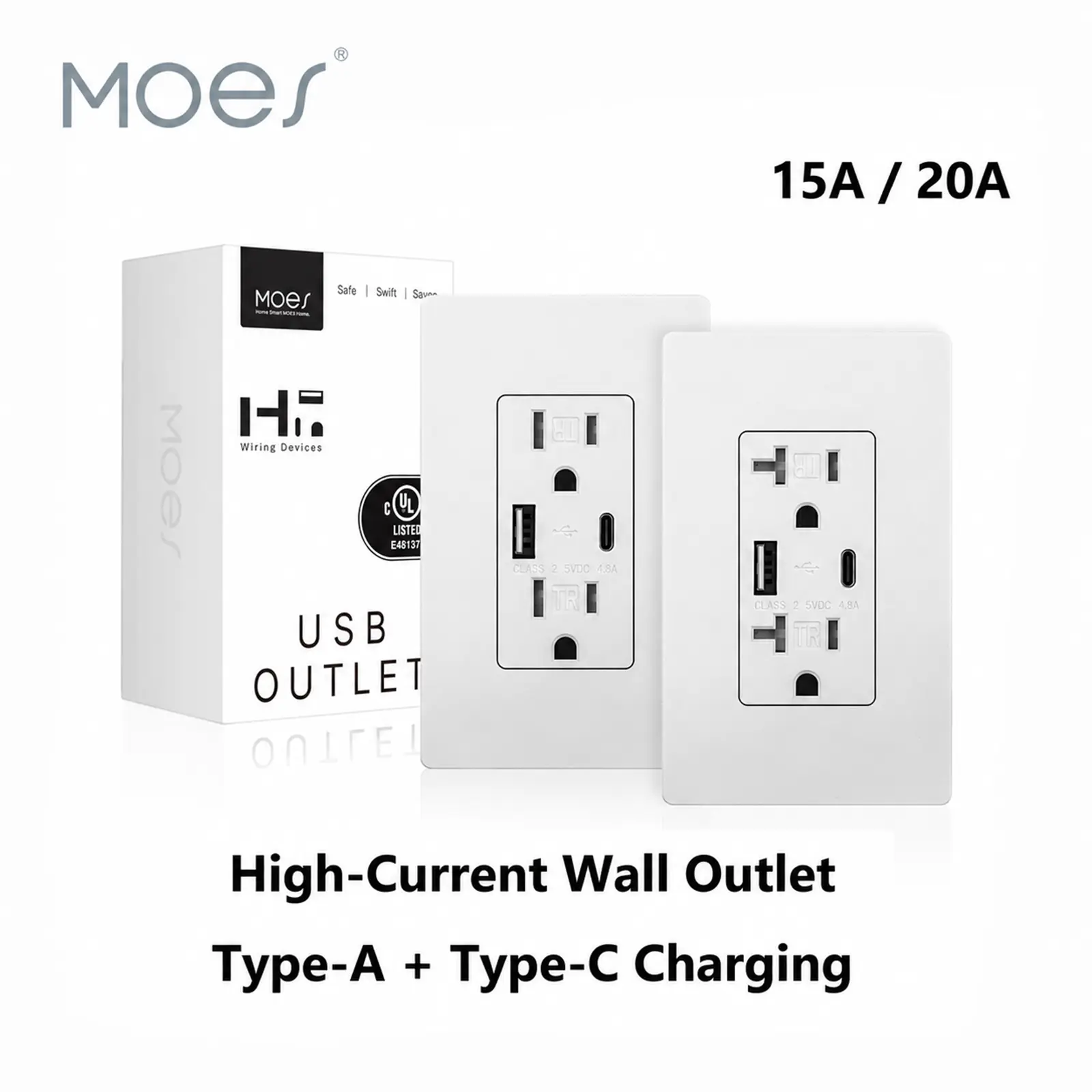MOES US-Standard Wall Socket - 15A/20A Duplex Tamper-Resistant Receptacle, 4.8A Total High-Current Type-A/Type-C Charging Outlets, Neutral-Live-Ground Wiring, Family Safety Focused (2 Socket Models Available), 15A/20A Models
