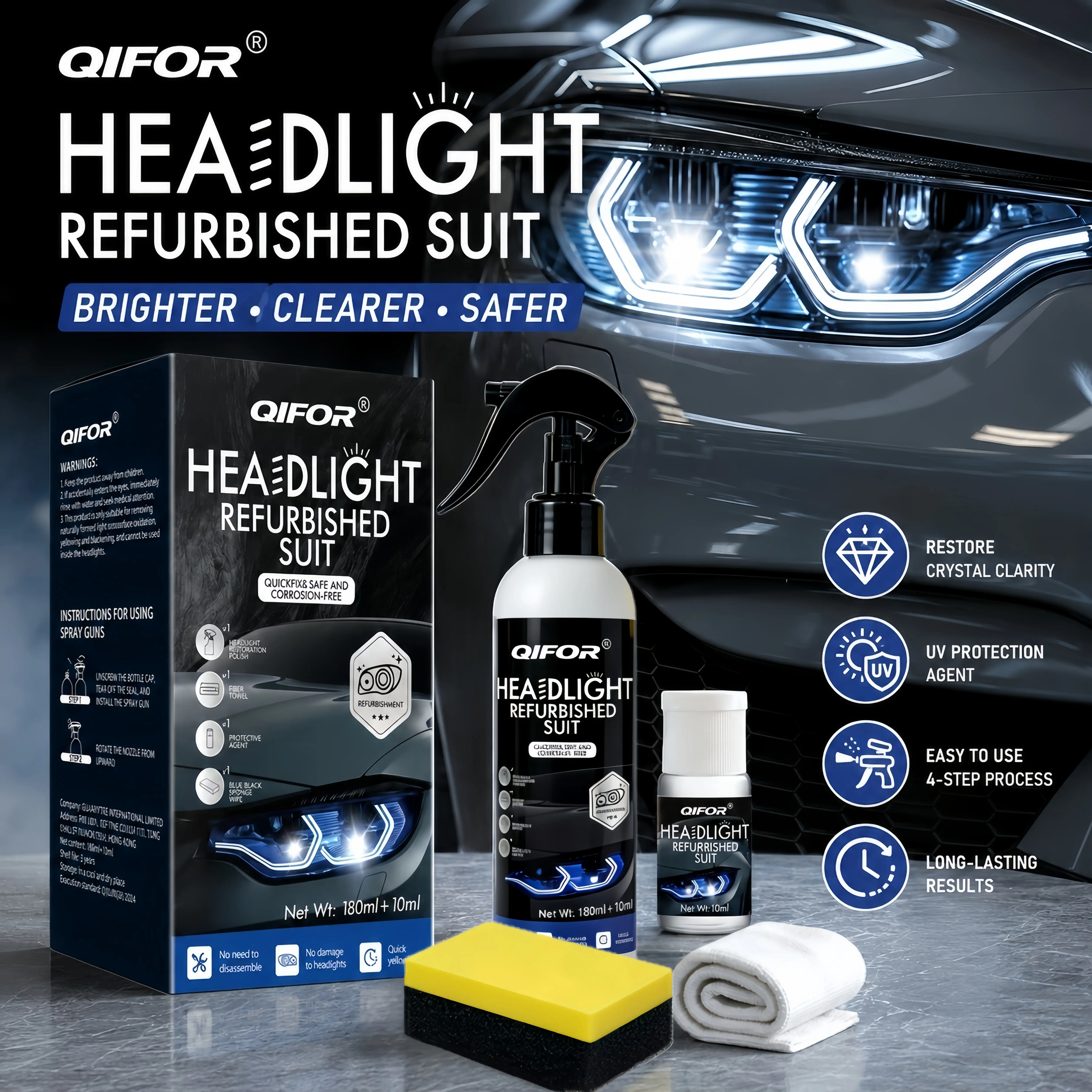 QIFOR Automotive Headlight Restoration Fluid - Car Detailing Product for Oxidized, Yellowed, Blurred Headlamps with Enhanced Crystalline Coating Refurbishing Function