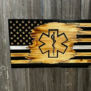 Rustic Tattered EMS Flag Banners Gift Room Wall Wooden