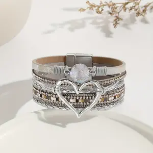 Faux leather multi-layer boho chic bracelet and magnetic clasp for versatile daily and party occation adjustable size heart bangle jewelry