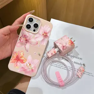 6 Piece Set Liquid Lily Flower Phone Case, Charger Head Cover, Cable Protector, Storage Rope, Data Line Wrap, for iPhone 11-16 Pro Max