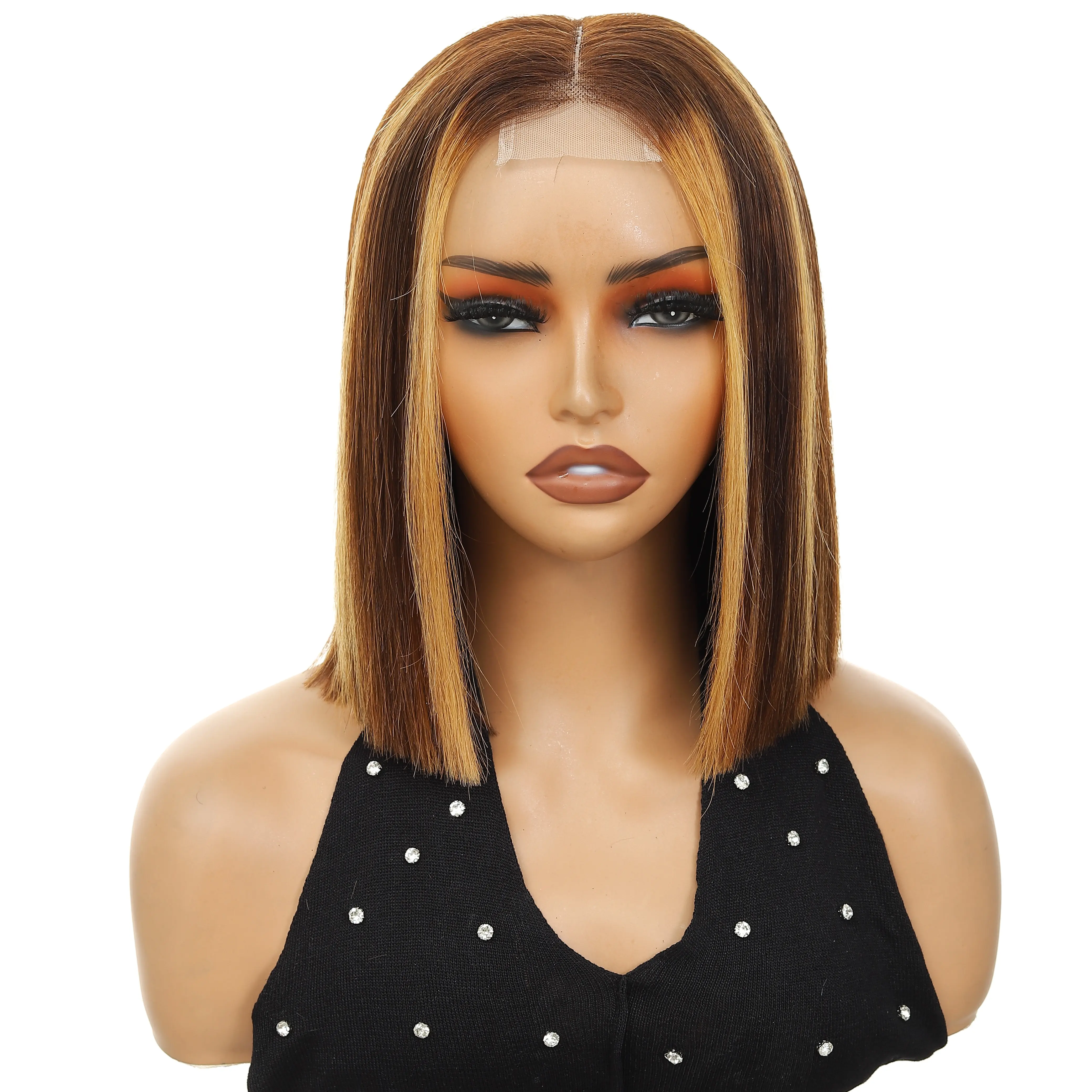 Human Hair T Part Lace Wig, 2x6 Honey Blonde P4/27 Highlight Ombre Glueless Straight Short Bob Wigs, HD Lace, Middle Part, Pre-Plucked, Pre-Bleached Knots, 180% Density, Drawstring, Beginner-Friendly Summer Hairstyle#SummerWins, Wigs Human Hair