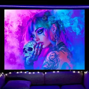 1pc HEGO Neon Punk Gothic Horror Tapestry - UV Black Light Reactive Wall Hanging Poster, Purple Blue Pink Neon Punk Decor for Living Room, Game Room, Bar, Party - No Electricity Needed, Durable Polyester Fabric Banner for Halloween, Goth Events,