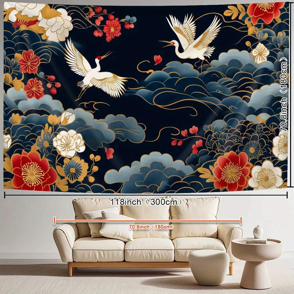Chinese-Style Embroidered Tapestry with Cranes and Flowers - Vibrant Blue and Golden Wall Hanging Fabric,, Indoor Decor for Living Room, Living Room Decoration |   Traditional Chinese Design |   Detailed Embroidery, Chinese Wall Art