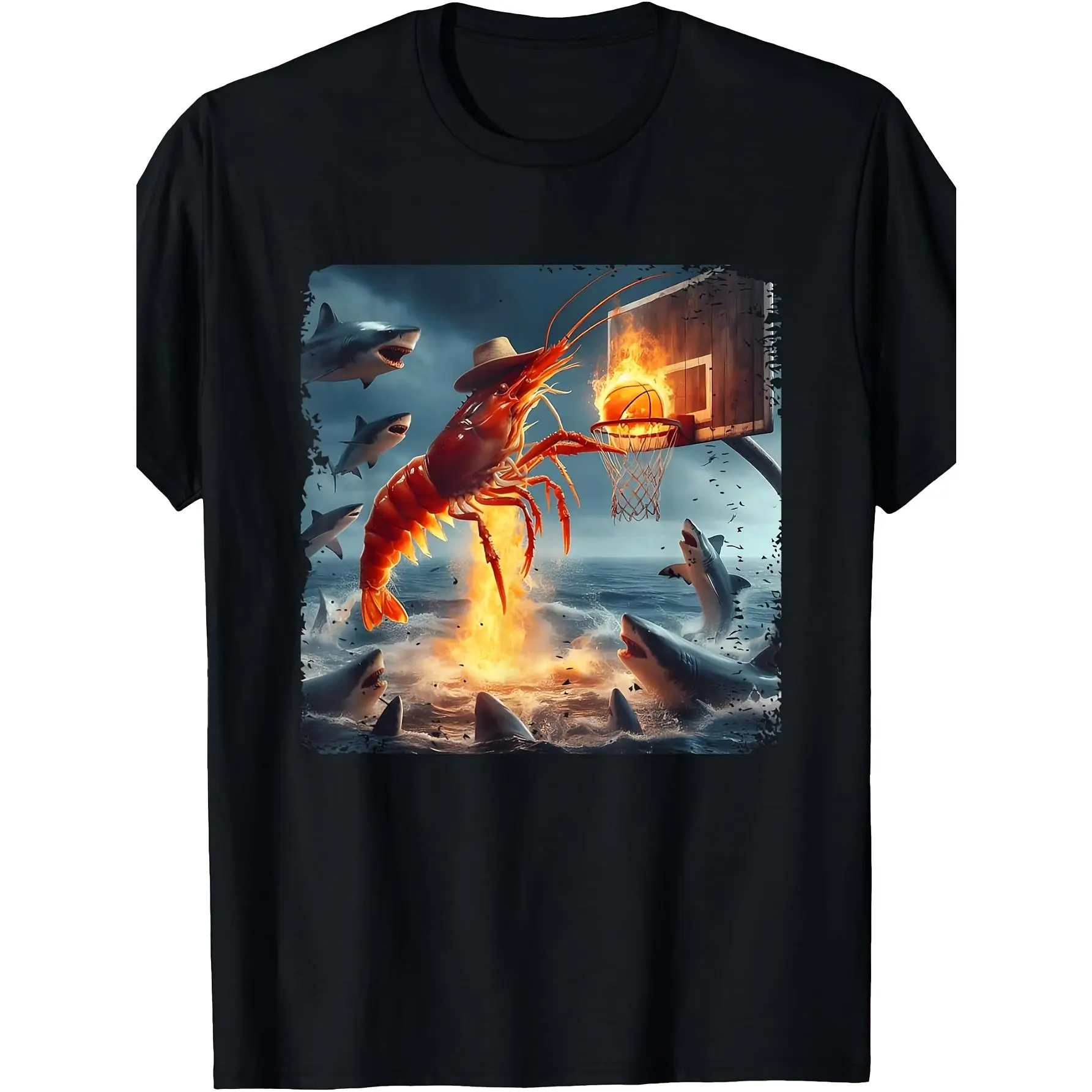 Humorous Fishing Meme T-Shirt Featuring a Shrimp Outplaying a Shark in Basketball