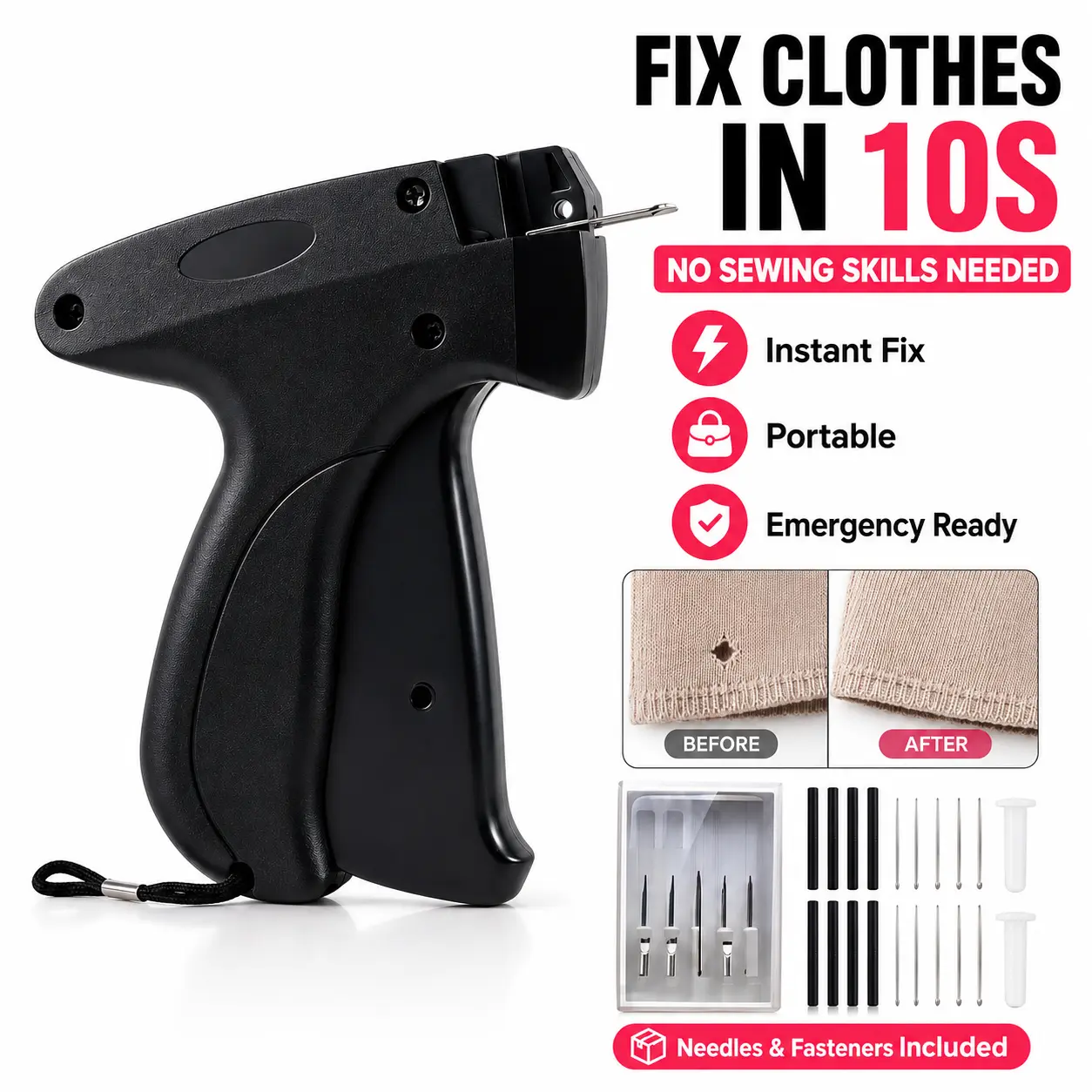 Stitch Gun for Clothes with Needles & Micro Fasteners, Quick Clothing Fixer for Temporary Hemming, At-Home Alterations and Travel