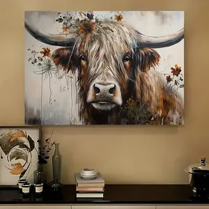 1pc Rustic Highland Cow Canvas Art – Frameless Modern Farmhouse Wall Decor with Vibrant Floral Accents, Lightweight Inspirational Art for Living Room, Bedroom, Kitchen, or Cafe, Ideal Housewarming Gift, Kitchen Wall Art |   Unframed Art Piece |   Artistic