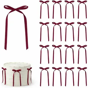 30 Pack Satin Bow Cake Decorations Pre-Tied Ribbon Bows (3.5 x 6.5 Inch) Delicate Slim Bows for Cake Decorating Minimal Elegant Burgundy Dessert Decor