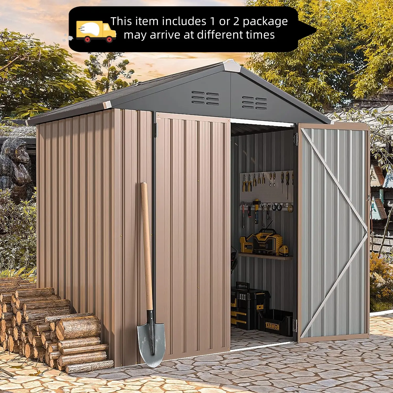【1/2 Packages Shipping】YODOLLA Storage Shed, Metal Sheds & Outdoor Storage Clearance, Utility and Tool Garden Shed with Lockable Doors for Backyard, P