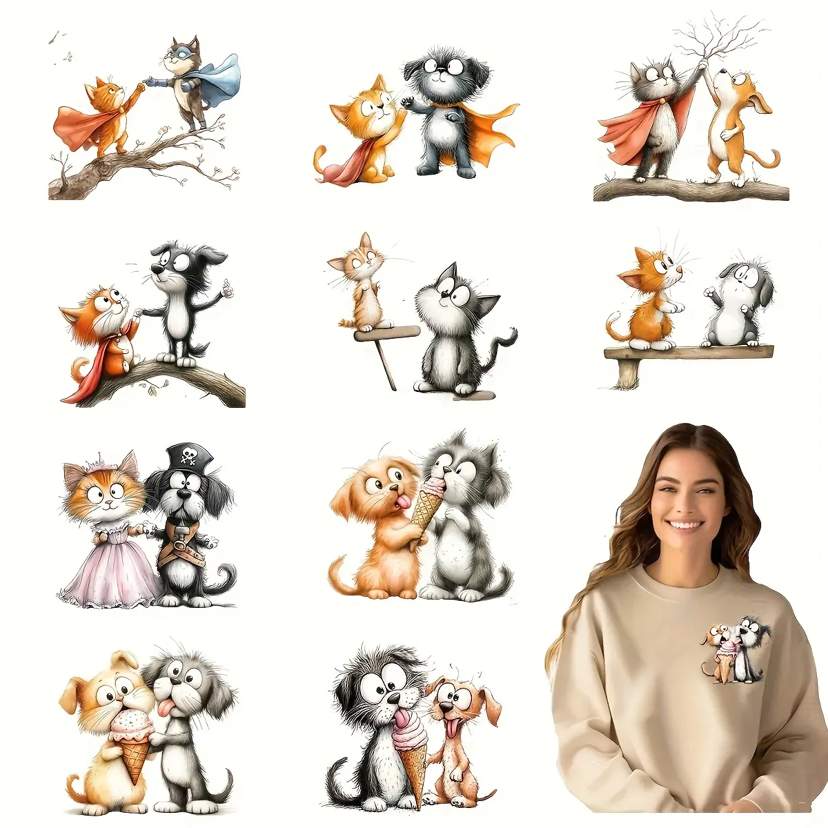 12pcs/set DIY Vinyl Heat Transfer Stickers, Diy Craft Embellishments - Cute Cat & Dog Designs, Washable, No-Iron, Perfect for T-Shirts, Masks, Jeans, Backpacks, Tote Bags | Playful Design | Durable Stickers
