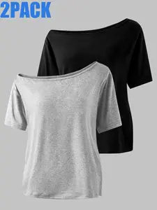Girls' Asymmetrical High-Low Shoulder Short Sleeve T-Shirt Set, Casual Elegant Comfort, 2 Pack, Suitable for Various Occasions