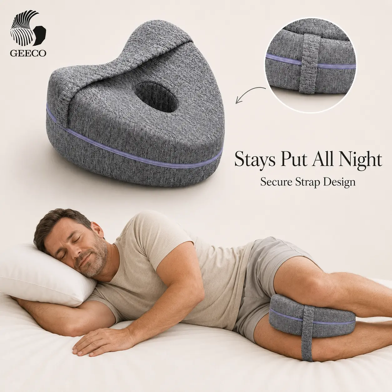 GEECO Orthopedic Memory Foam Knee Pillow - Heart Shape, Adjustable Secure Strap, Contoured Hip & Leg Support, Memory Foam Cushion for Side Sleepers, Post-Workout Rest, Posture Fix & Good Posture, Hip Relief