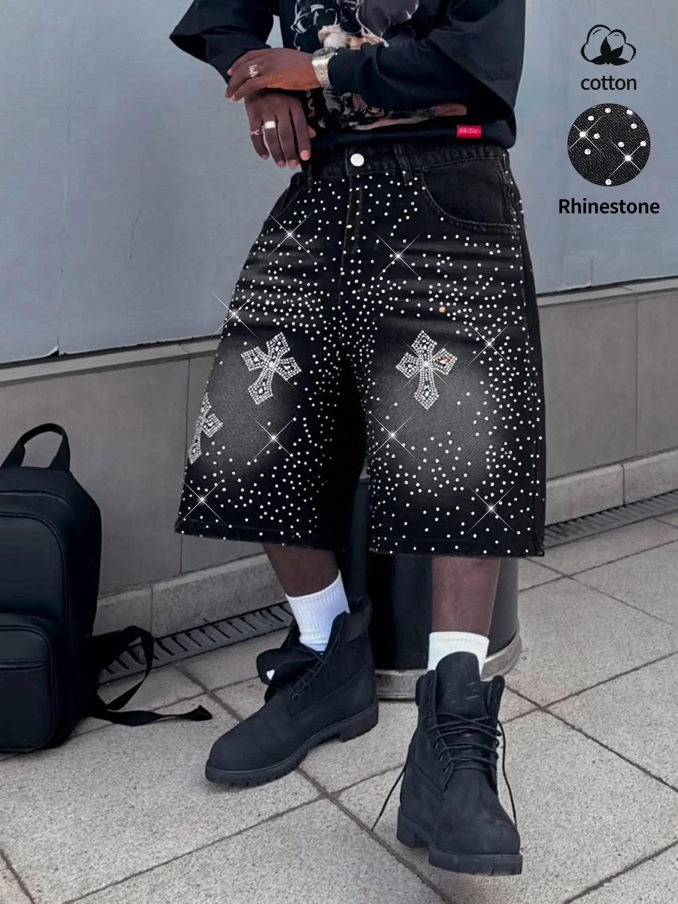 Diamond-studded casual jeans, black fully-studded cross-shaped casual denim shorts, American street style, avant-garde casual denim cropped pants, fashion trends, suitable for men with taste
