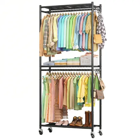 Black Iron Metal Freestanding Clothes Rack - 2-Layer Storage Shelves, Spray-Coated Stable Frame, Heavy-Duty High-Capacity Holder, Home Supplies, Small-Space Hero, Floor Organizer for Anyone Organizing Closet, Hanging Shoes, Laundry Room Fit, Box Packed