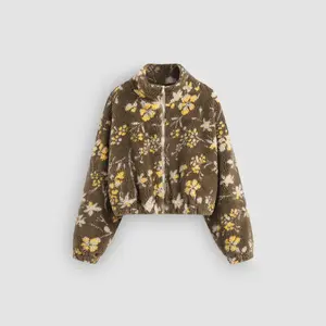 Cider [2 colors, size 2-26] Fleece High Neck Floral Pocket Oversized Jacket