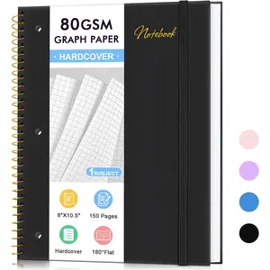 Graph Paper Notebook,1 Subject 80GSM Thick Grid Paper Notebook 8" x 10-1/2", Hardcover Spiral Notebooks for School Work Women Men, Graphing Notebook Journal for Writing,3-Hole Punched Perforated Black