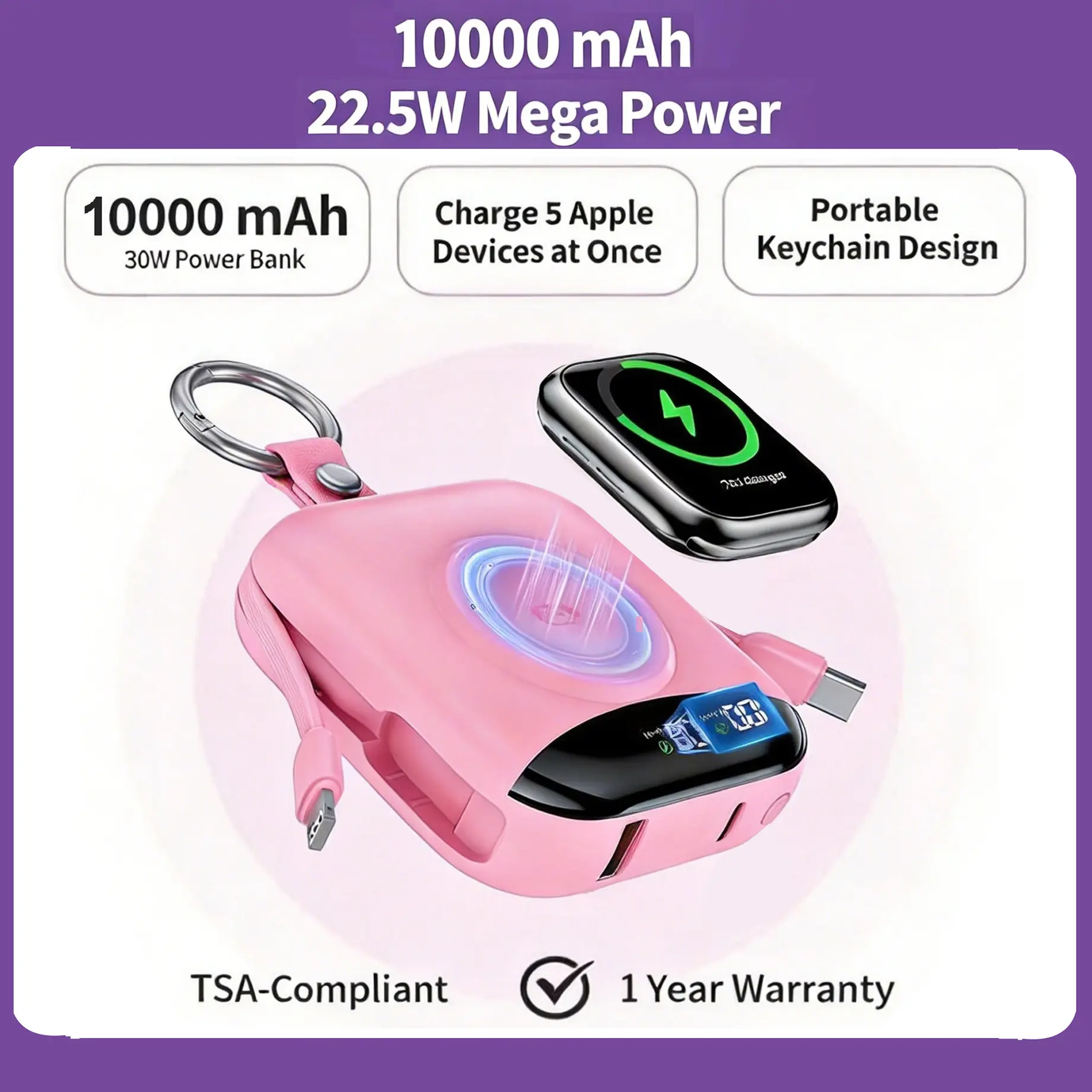 10000mAh High Power Portable Power Bank, 22.5W Fast MagSafe Charging, 190g Lightweight, Built-in USB-C & Lightning Cables, Magnetic iWatch Charger, LED Display, Emergency Fast-Charging Multi-Port for iPhone, Samsung Smartphone, iPad, Android Device, Porta
