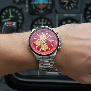 Invicta Aviator INTERCEPTOR Men's 50mm Chronograph Watch Vivid Red Dial Gold Sub-Dials World Time Bezel 24 Cities Stainless Steel Bracelet Gunmetal Accent Japanese Quartz VD57 Multi-Function Red Accent Crown 50m Water Resistant Pilot Style