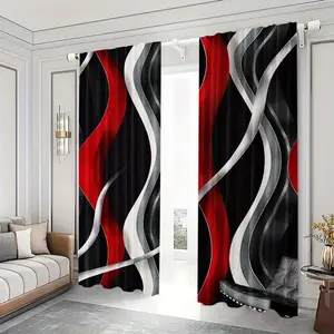 2-Piece Geometric Spiral Pattern Semi-Blackout, Thermal Insulated Curtains in Red, Grey - Insulates, Ensures Privacy, Machine Washable, Suitable for Living Rooms, Bedrooms, Rod Bag Design, Modern Art Print Style
