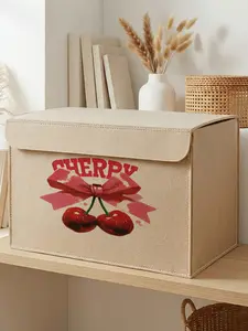 Cherry Pattern Storage Box, 2D Print Felt Texture, Lids Included, Ideal for Clothes Snacks Files, Perfect for Renters Students Moms