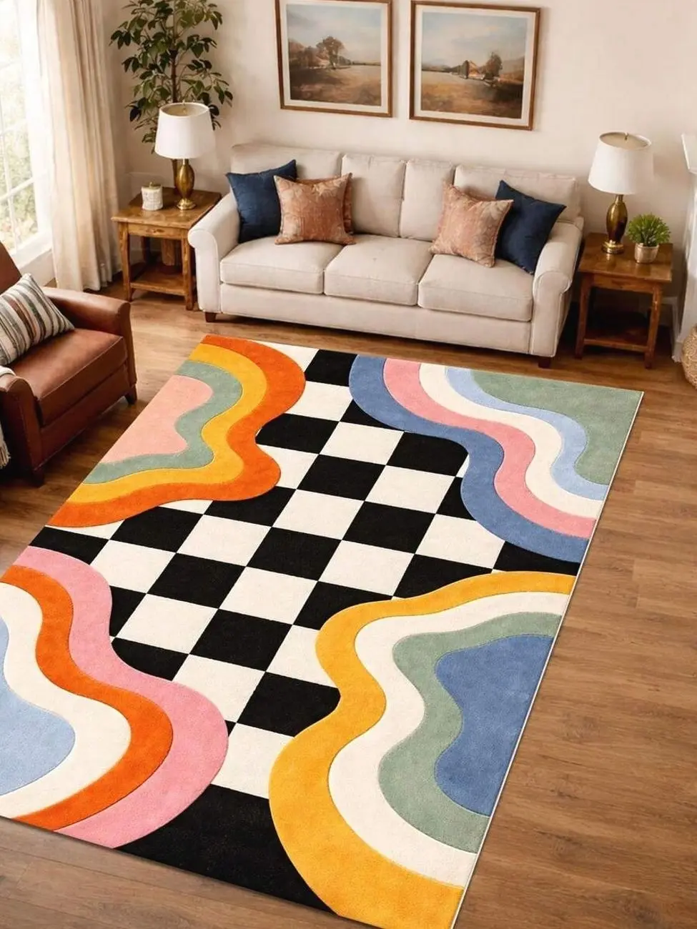 Carpet Colorful Abstract Checkered Rug, R Rainbow Wavy Carpet, Funky Checkerboard Area Rug Digital Printed