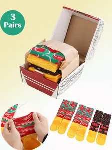 3 Pairs Burger Gift Box Socks, Fun Trendy Unisex Crew Socks, Creative Food Design, Warm Soft Comfortable, Perfect Gift Sock Set