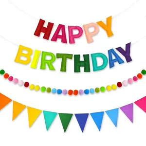3D Rainbow Happy Birthday Banner, Reusable Birthday Decorations, Felt Sign, Pom-Pom Garland, Triangle Flags, General Party Decoration