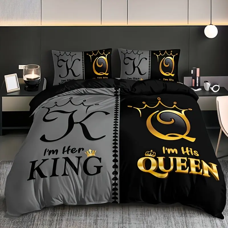 3pcs Super Soft And Breathable KQ Letter High-definition Digital Printed Quilt Cover Set (1 Quilt Cover +2 Pillowcases Without Pillow Core) It Is Suitable for Bedroom, Hotel And Dormitory Decoration Suitable for All Seasons Hyposensitivity