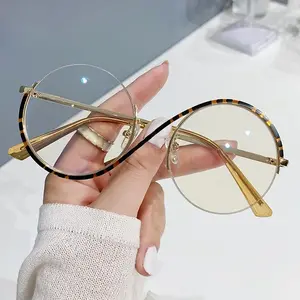 Round Frame Blue Light Blocking Eyeglass Frames Minimalist Fresh Style Non Prescription Eyewear For Women, Removable Lens Design For Custom Prescription, Versatile Fashion Eyewear For Daily Office Casual Wear