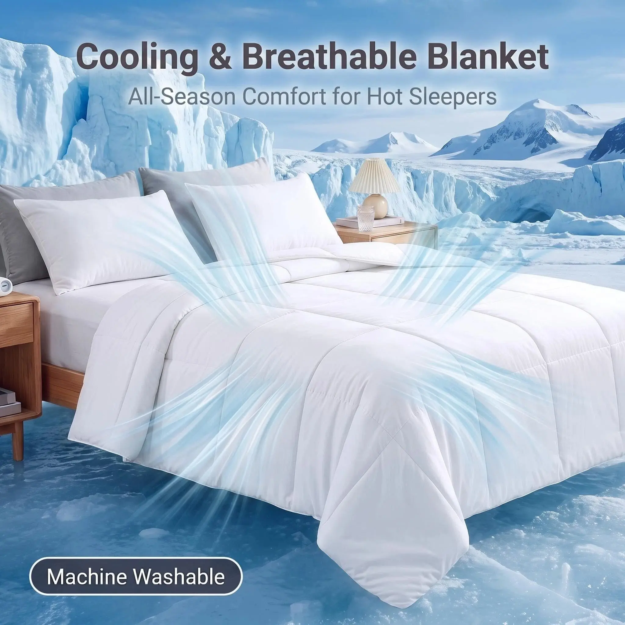Bedsum Cooling Tech Fabric Comforter for All‑Season Hot Sleepers, Q‑Max 0.45 Ice Silk Cold Touch Comforter, Breathable Lightweight Double‑Sided Summer Blanket for Night Sweats