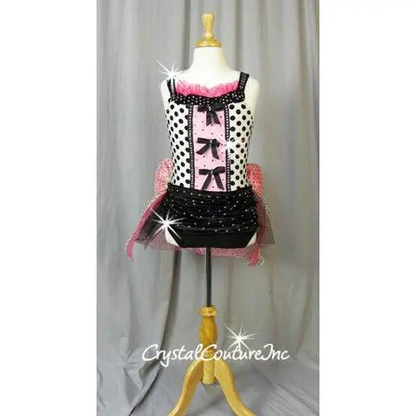 Pink/Black/White Polka Dot Leotard with Chiffon Bustle - Swarovski Rhinestones