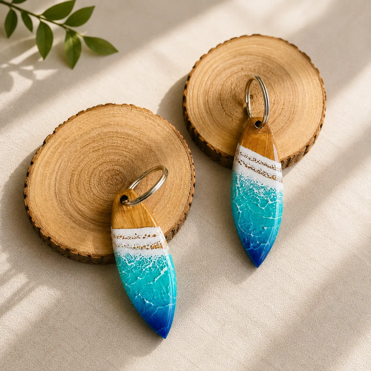 Ocean Resin Keychain Handmade Surfboard Wooden Keychain Epoxy Resin Beach Key Ring Coastal Bag Charm Ocean Wave Handmade Gift for Men Women Beach Lovers