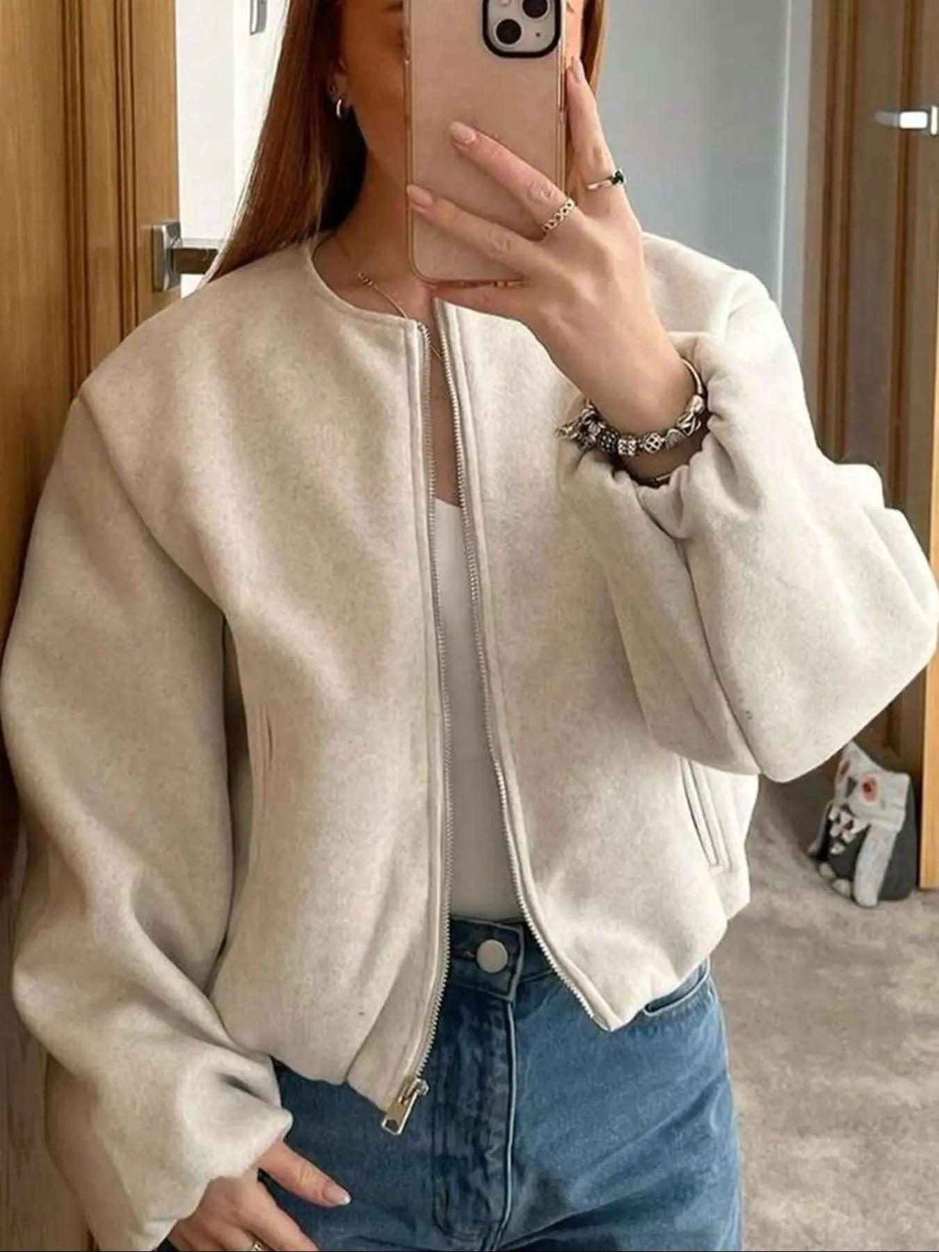 Women's Beige Short Knit Jacket Zip Up, Zipper Stand Collar Coat Outerwear Long Sleeve Loose Fit Solid Color Casual Streetwear Autumn Winter Warm Bomber Style Essential Knitwear