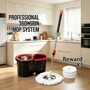 360° Spin Mop and Bucket System for Floor Cleaning, Black & Red Mop Bucket Set with 3 Extra Microfiber Heads, 61" Extended Adjustable Stainless Steel Handle, Professional Cleaning Supplies for All Floor Types