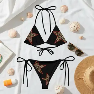Leopard Print Star Black String Bikini Set – Y2K Aesthetic Swimwear, Animal Print Two Piece, Edgy Star Bikini, Women’s Summer Beachwear, Adjustable Tie Side Swimsuit