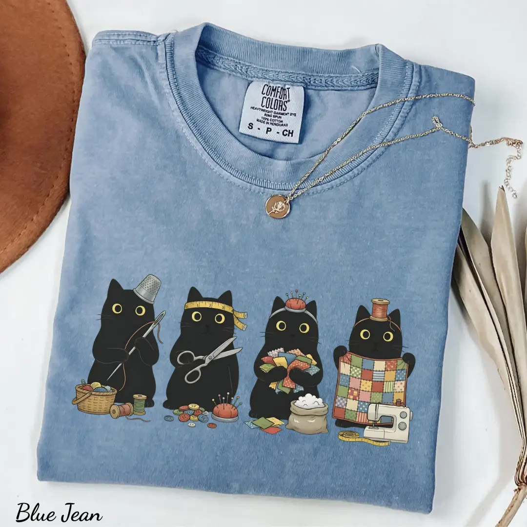 Comfort Colors Black Cats Sewing T-Shirt, Sewing Lover Shirt, Funny Quilting Graphic Tee, Everyday Crafting T-Shirt, Gift for Quilters