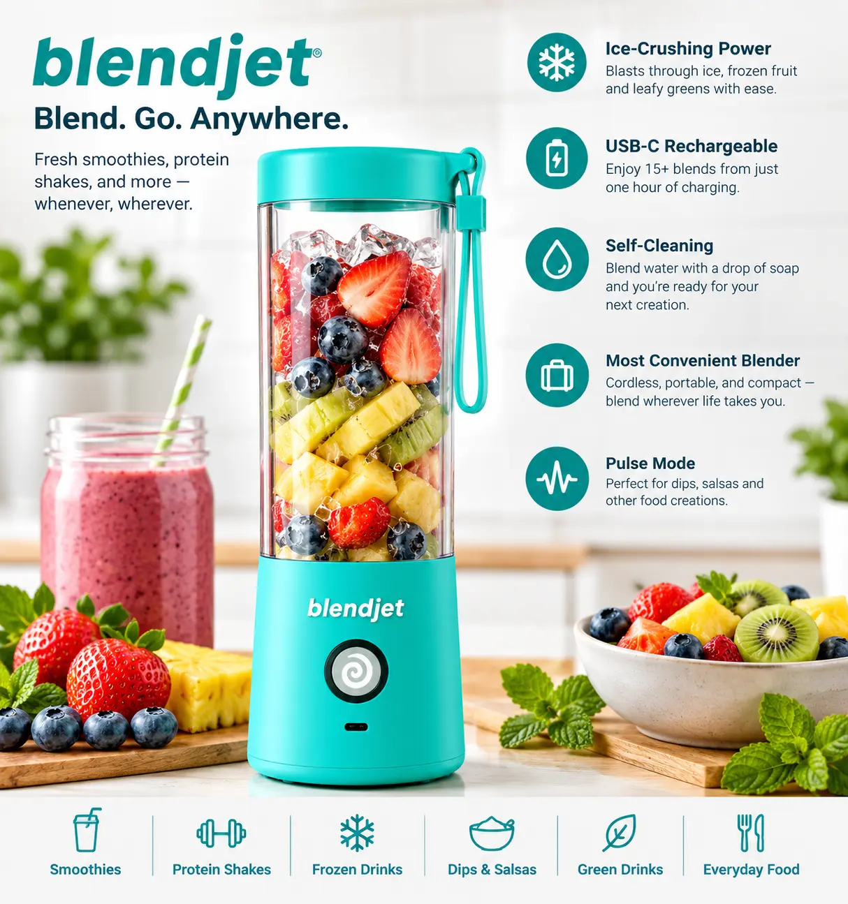 BlendJet 2 Portable Blender for Smoothies & Shakes - BlendJet Cordless Personal & Small Blender, USB-C Rechargeable & Self Cleaning - (Mint, 16 oz.)