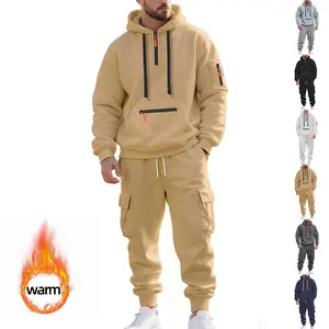 Men's Winter Heavyweight Fleece Lined Casual Set, Loose Fit Sporty Multi-Pocket Workwear Suit, Warm & Comfortable Hoodie