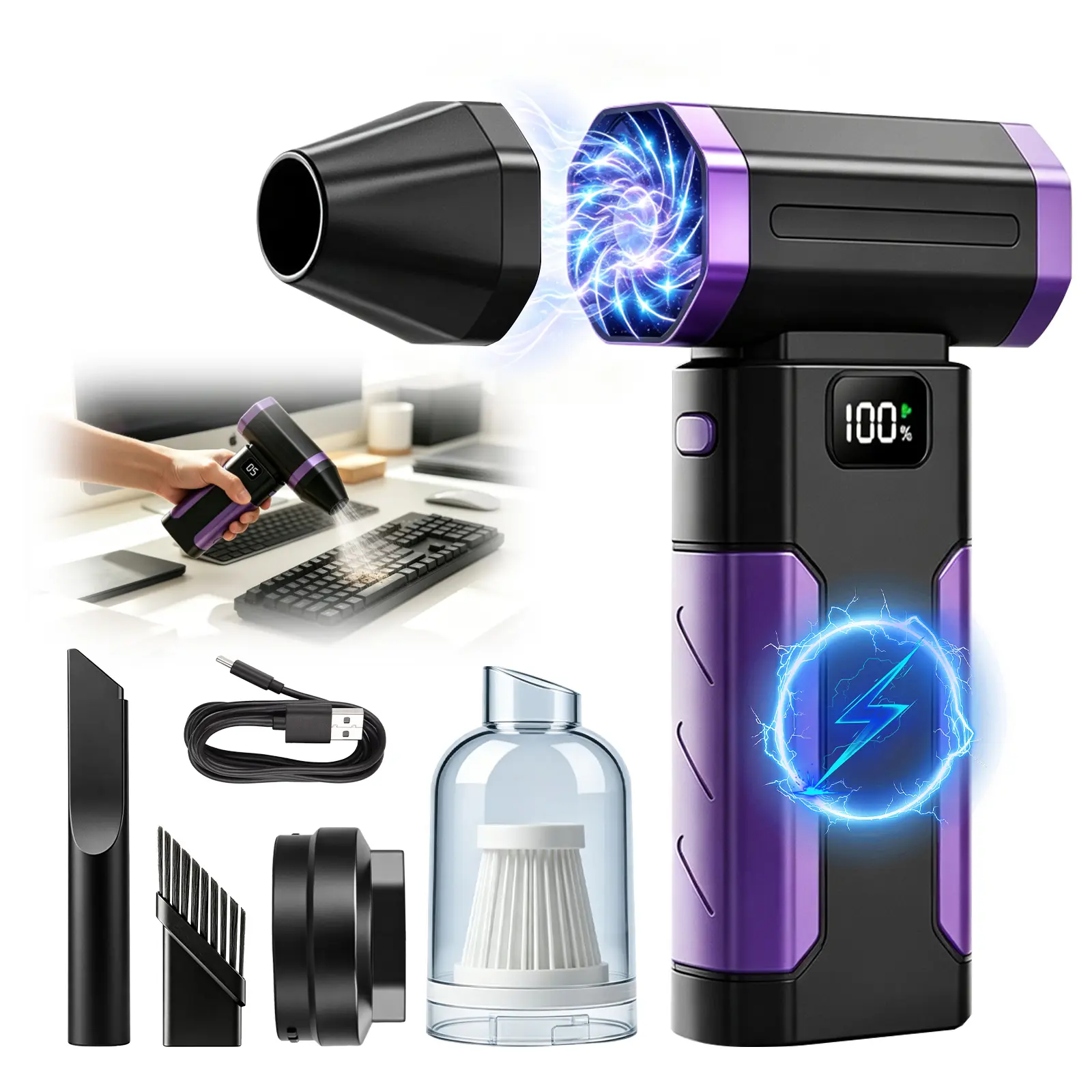Cordless Rechargeable Turbo Fan Air Duster with High Airflow, Adjustable Levels, PC-Car-AC Vent Dust Removal Tool for PC Users, Home Essential Household Appliance